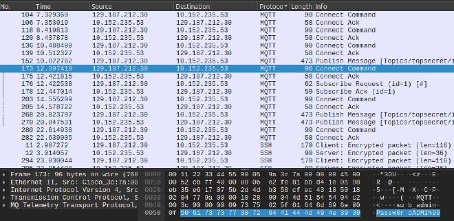 Wireshark screenshot showing the username and password of a sensor in plaintext